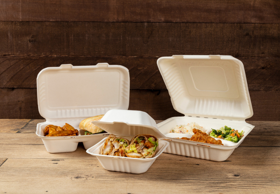 compostable molded fiber hinged lid takeout containers