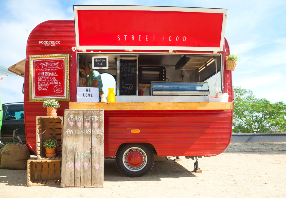 bright red vintage food truck