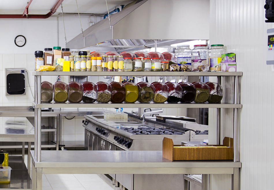 kitchen shelves with labeled containers