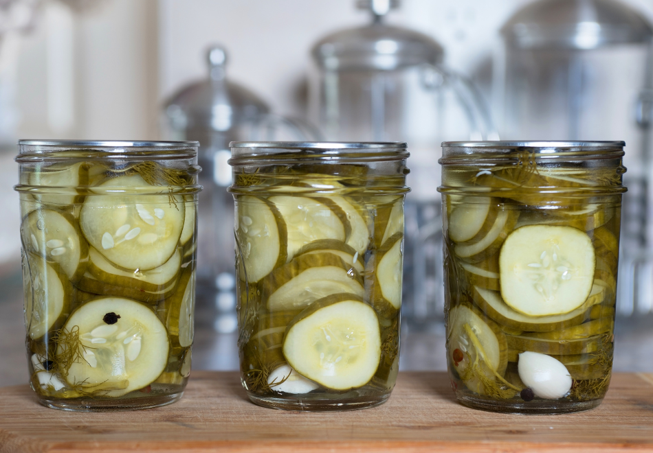 Three jars of bread and butter pickles