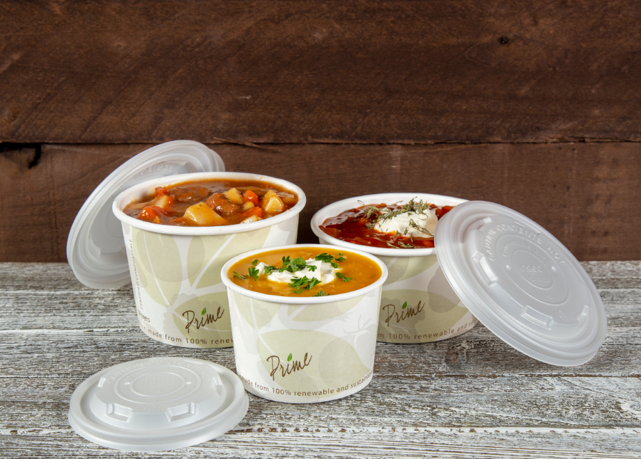 paper food containers made from renewable resources with fresh soup inside