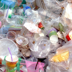 pile of trash mostly made up of takeout containers, cups, straws and plastic bottles