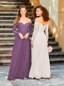 Long Sleeve Lace And Chiffon A-Line Gown With Pockets In Wisteria