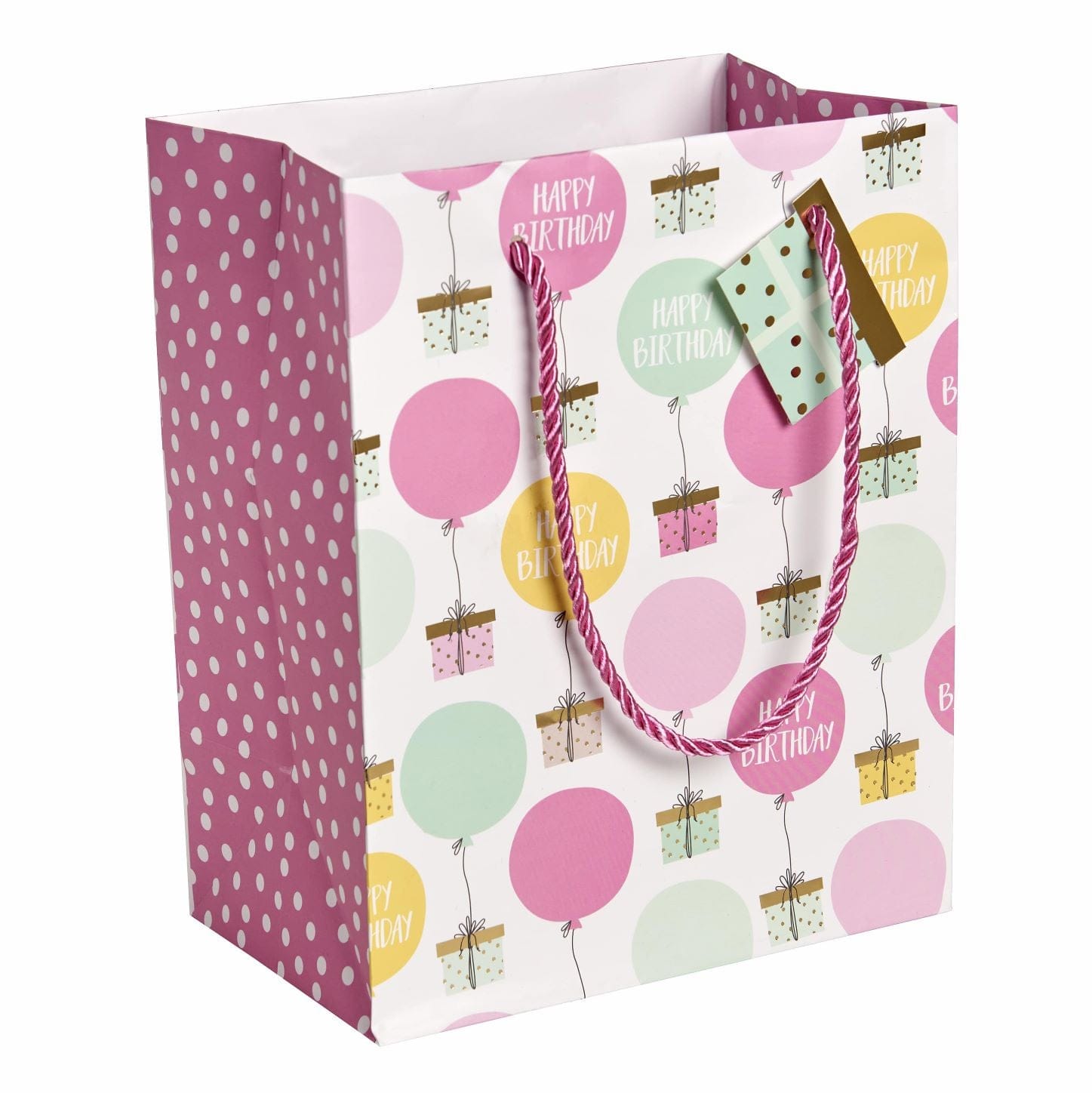 7.7 Pink Polka-Dot Medium Square Gift Bag With Gold Bow Handle