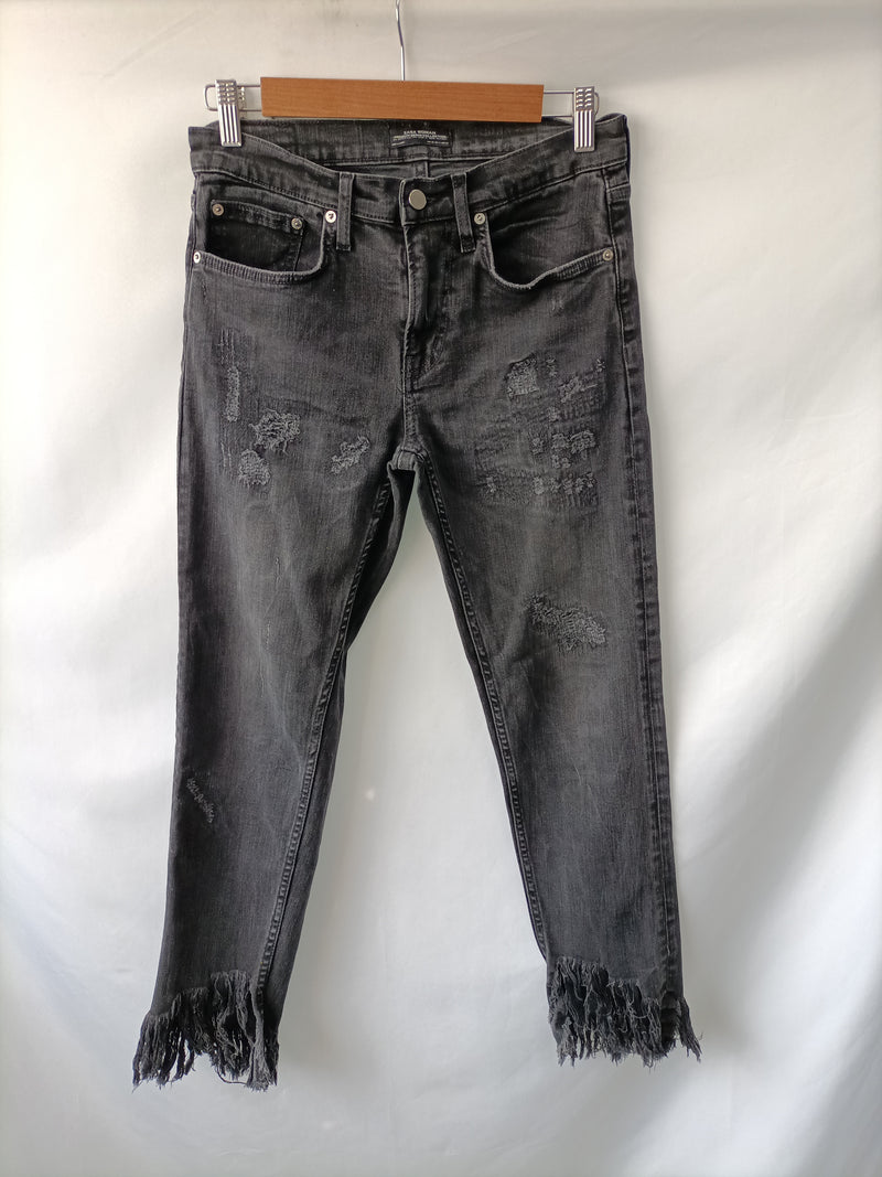ZARA. pantalones negros flecos T.36 market