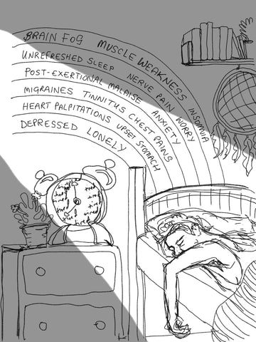 Sketch of person in bed with words describing their illness on the wall.