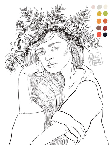 Sketch of female with long hair with hand to her face wearing a crown of foliage.