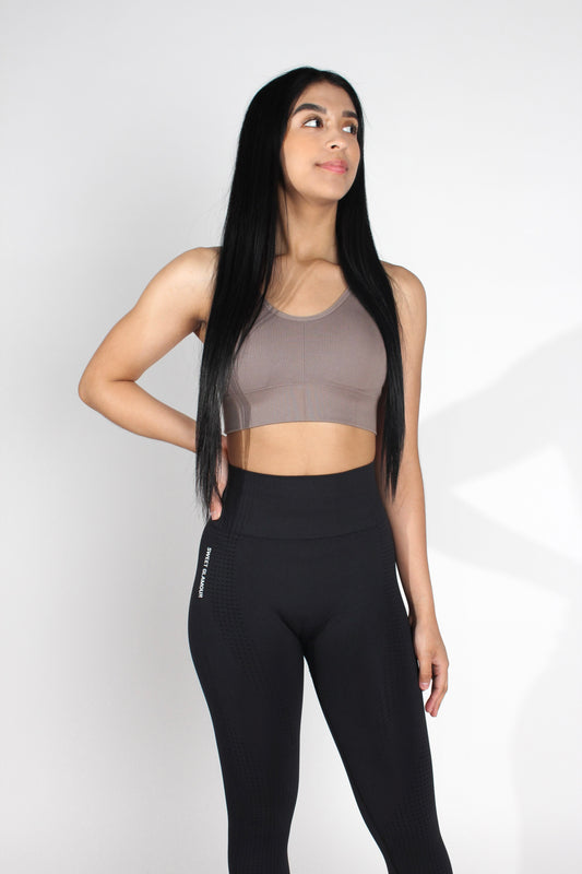 Mocha Brown Ribbed Halter Sports Bra