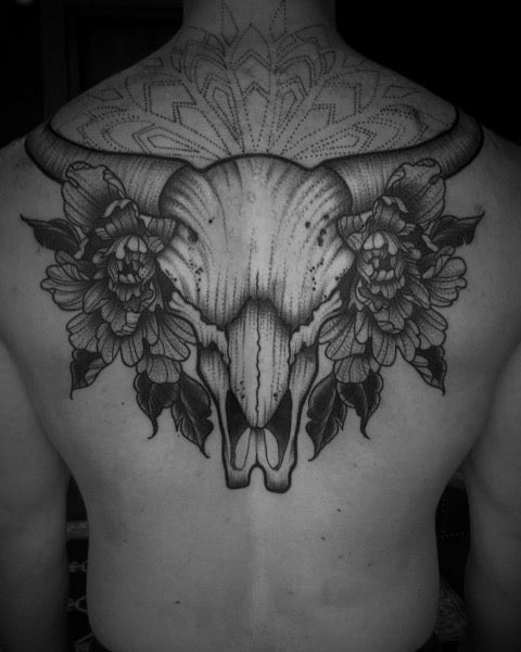 Bull Skull Back Tattoo