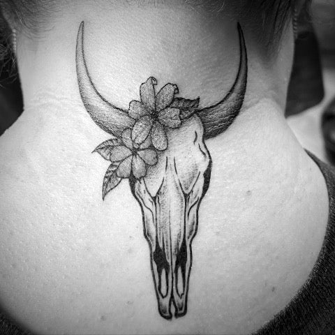 Bull Skull Neck Tattoo