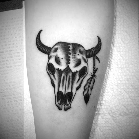 Bull Skull with Feathers Tattoo