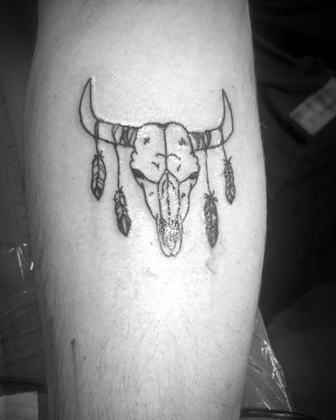 Bull Skull with Feathers Tattoo