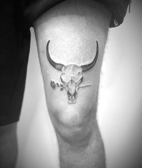 Bull Skull Thigh Tattoo