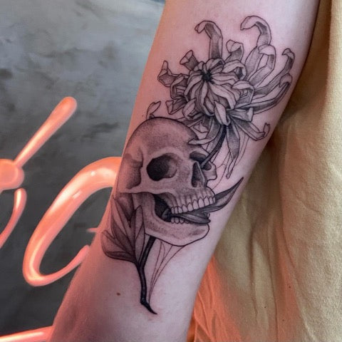 Chrysanthemum and Skull Tattoo