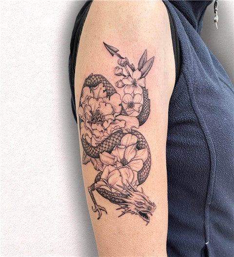3D Asian Dragon And Flower Tattoo On Men Sleeve – Truetattoos