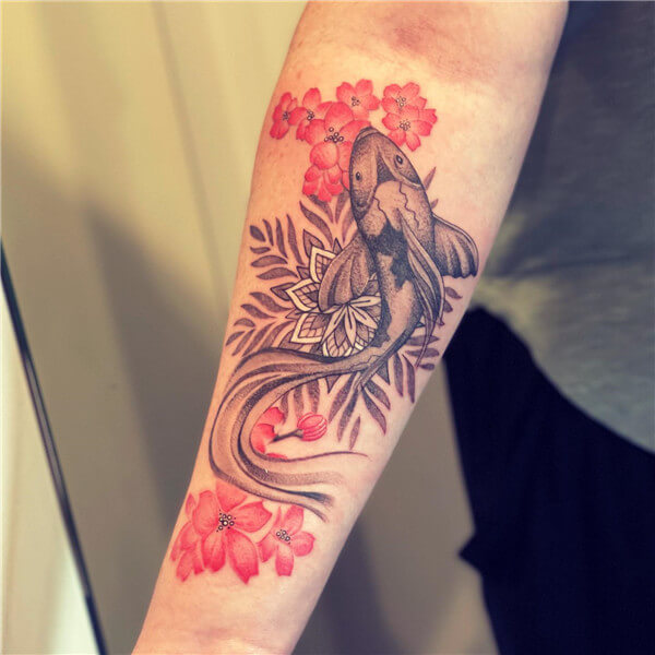 Colorful Koi Fish With Flowers Tattoo Design By Rrela