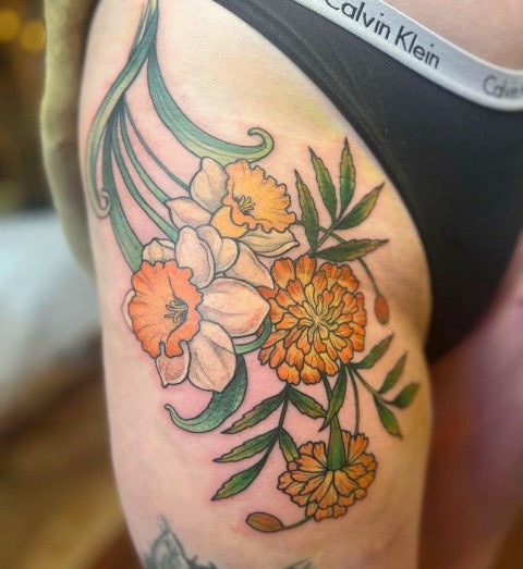 Marigold and Chrysanthemum Tattoo