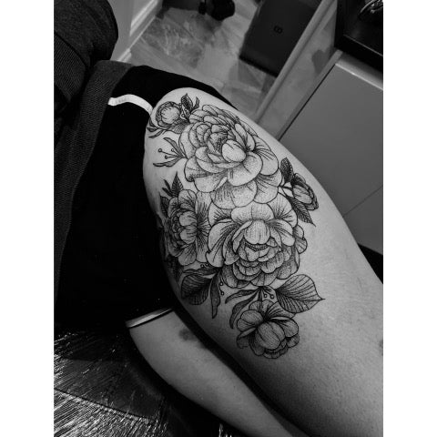 Peony Thigh Tattoo