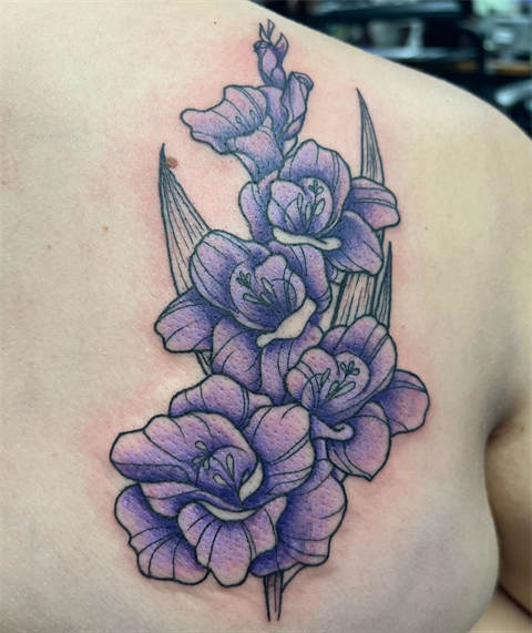 For her first.. A flower bouquet with a pink Carnation, an orange Gerbera  and blue/purple Cornflo… | Purple flower tattoos, Colorful flower tattoo, Carnation  tattoo