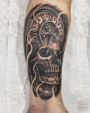 Amazing Skull and Clock Tattoo Design