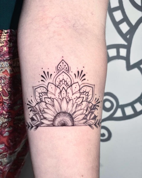 Black and grey mandala shoulder tattoo by Laura Jade TattooNOW