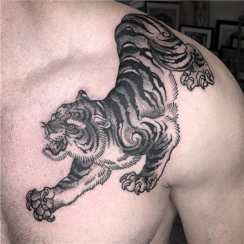 Coloured tiger with snake tattoo on back in asian style | Torso tattoos,  Japanese tiger tattoo, Tattoo sleeve designs