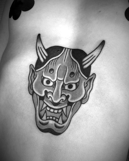 japanese mask tattoos chest