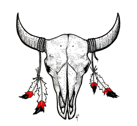 bull skull with feather tattoo