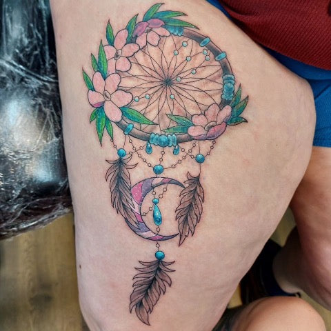 dream catcher tattoo with flowers