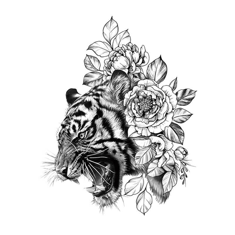 Premium Vector  Traditional tiger and flower tattoo