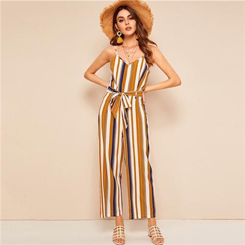 Belted Wide Leg Jumpsuit Striped Sleeveless Elegant All Matched Jumpsuit
