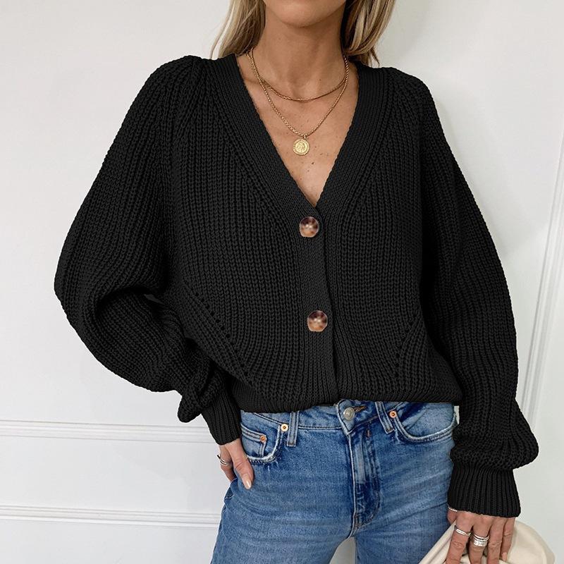 Women's Cardigans Lantern Sleeve V-Neck Button Plain Knitted Sweater