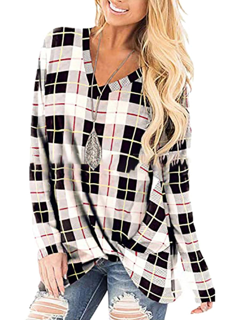 Women's Blouses Print V-neck Loose Casual Long Sleeve Pullover Tops