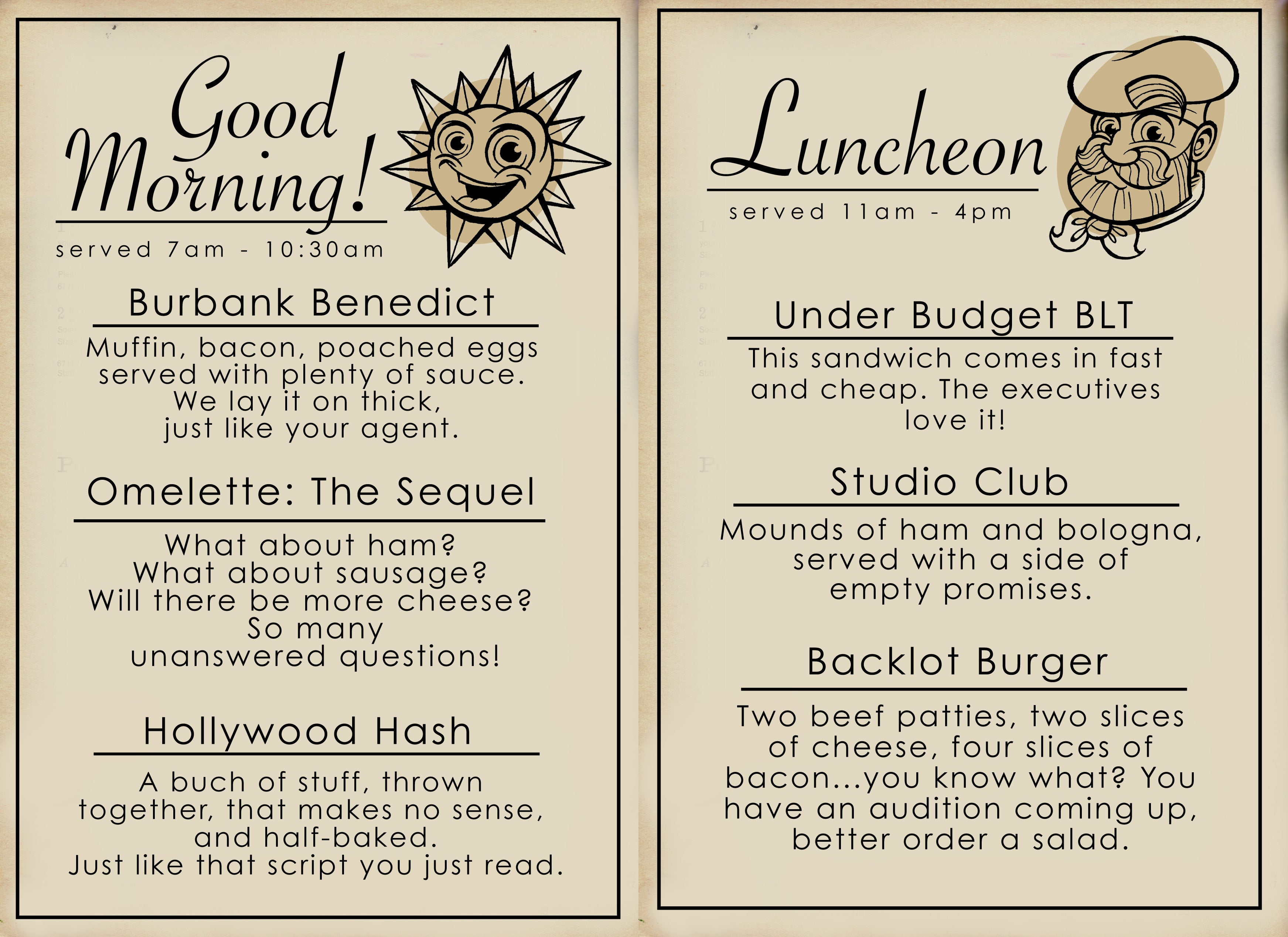 Image shows an open menu, with a breakfast side, and a luncheon side. Various, humorous menu items are listed.