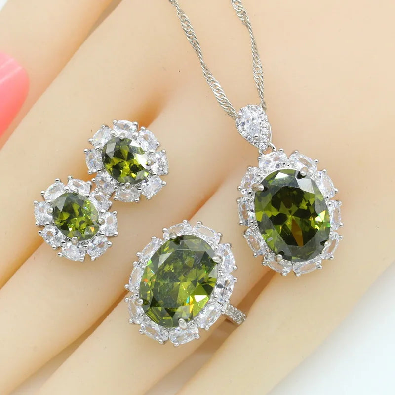 Green Zirconia Dubai Jewelry Sets For Women Bracelet Stud Earrings Necklace Pendant Open Ring Birthday Gift