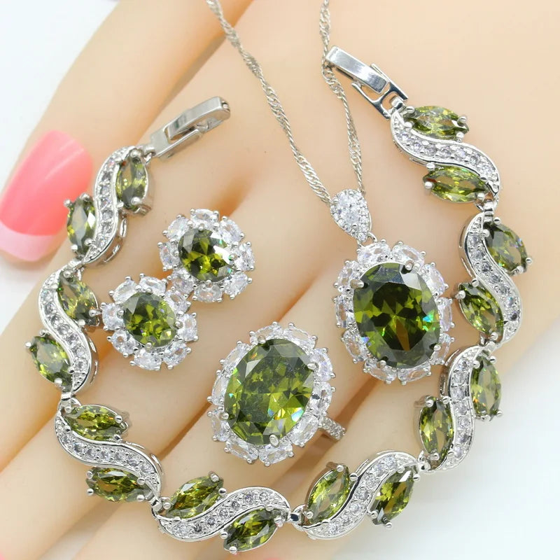 Green Zirconia Dubai Jewelry Sets For Women Bracelet Stud Earrings Necklace Pendant Open Ring Birthday Gift