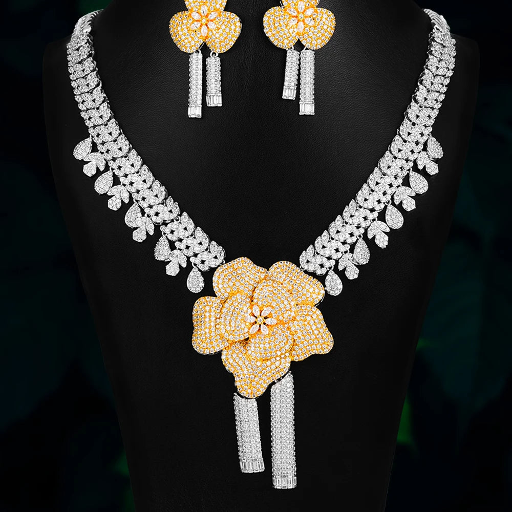Luxury Shiny 4PCS Flowers Necklace Bracelet Earrings Ring Jewelry Set for Women