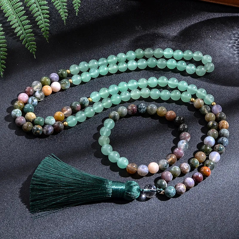  8mm Indian Agate Green Aventurine 108 Beads Japamala Necklace Bracelet Set