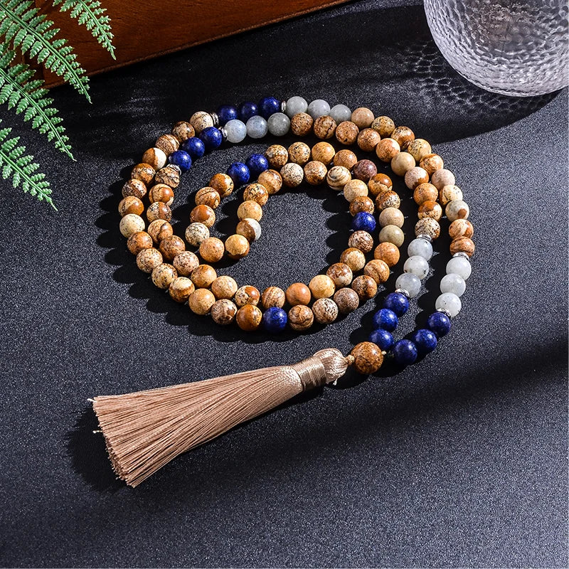  8mm Picture Jasper Lapis Lazuli Labradorite Japamala Beaded Necklace Meditation Yoga Women