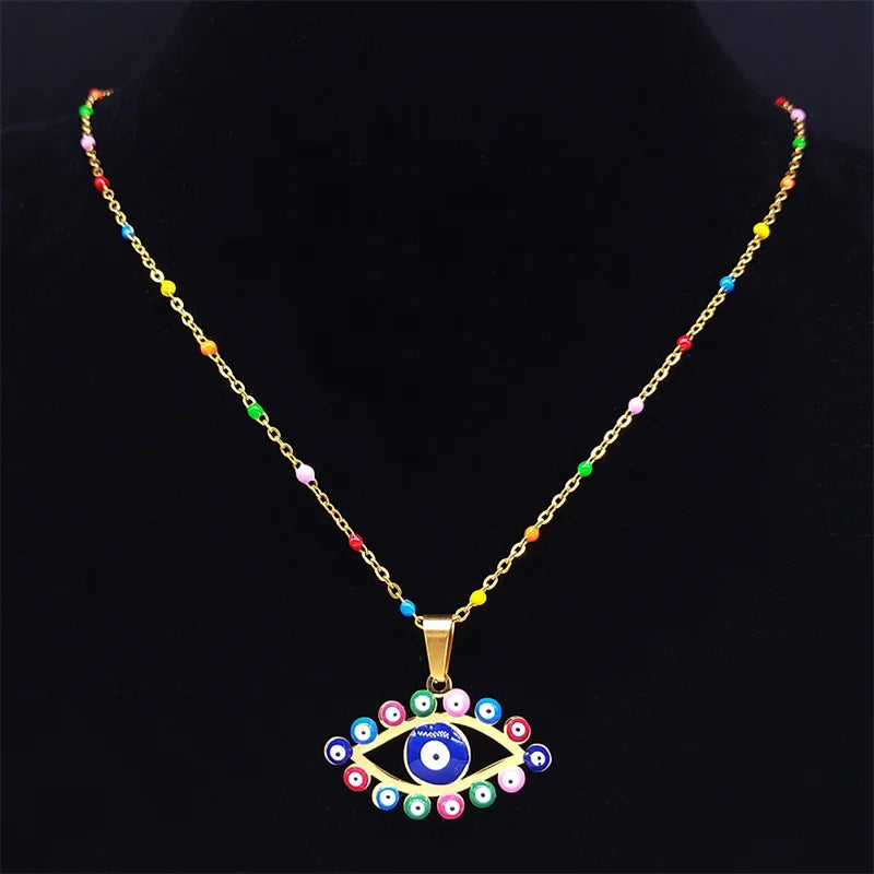 Natural Stone Stainless Steel Eye Necklaces Women Turkey Eyes Gold Color Charm Necklace