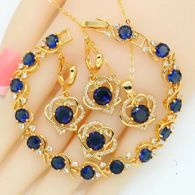 Heart Shaped Rainbow Zirocnia Gold Plated Jewelry Sets For Women