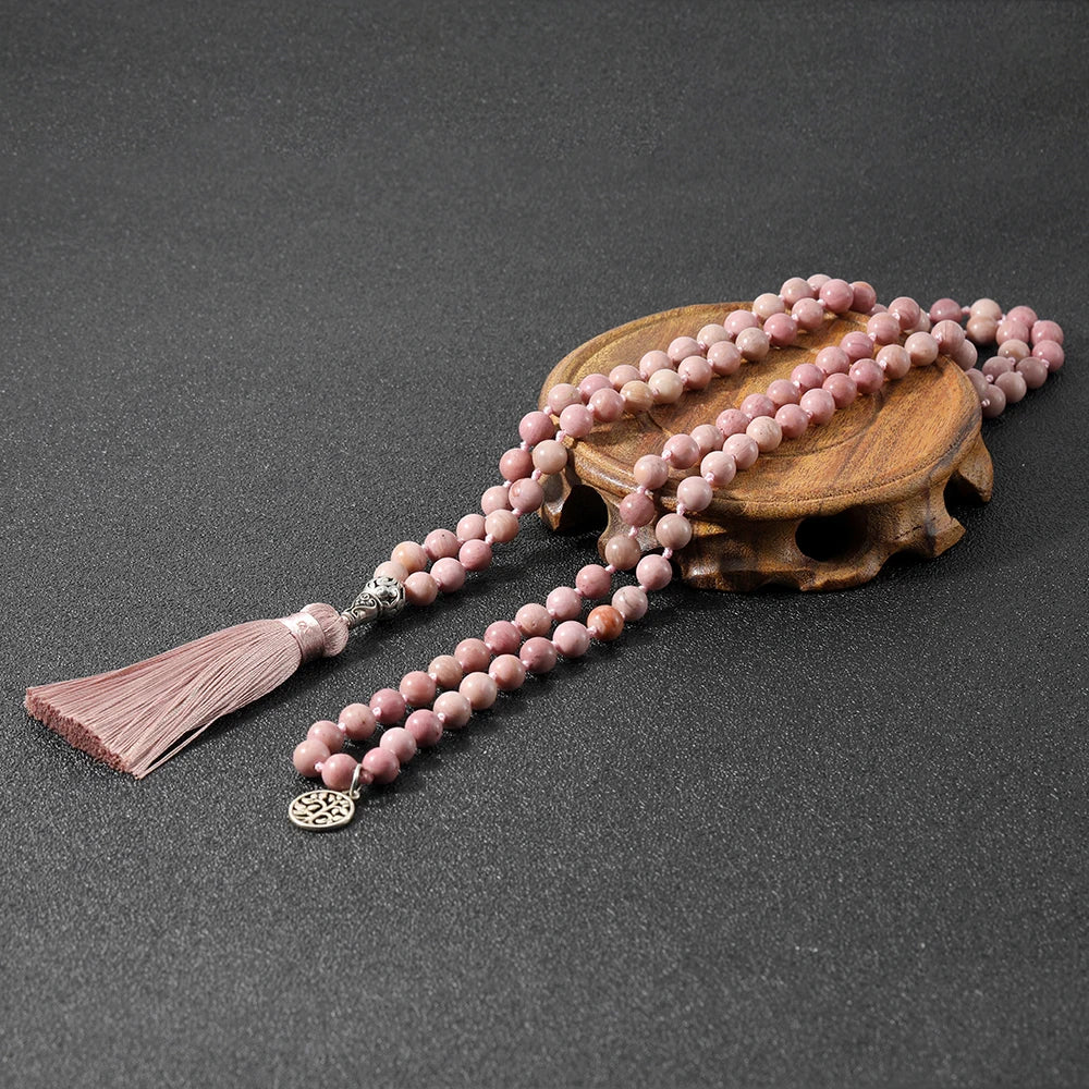  8mm Natural Rhodochrosite Beads Hand-Knotted Meditation Yoga Prayer Spirit Jewelry