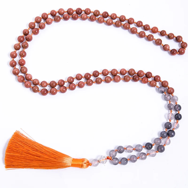 8mm Cloud Rockcrystal Sandstone Knotted Necklace 108Japamala Beaded Meditation