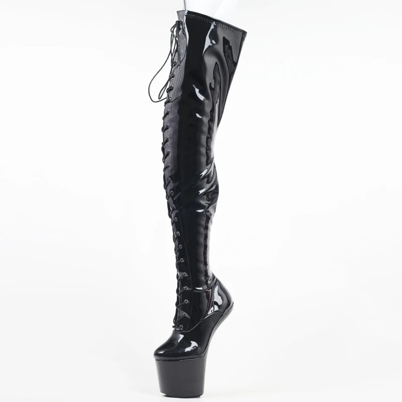 20CM High Heel Fetish heelless gothic lace-up platform hoof ballet patent boots EU36-46
