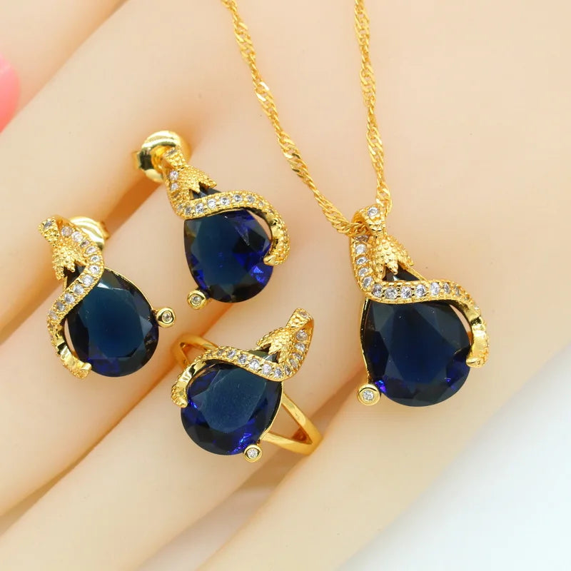 Pear Shaped Red Blue Stones Gold Color  Stud Earrings Necklace Pendant Rings Gift Box
