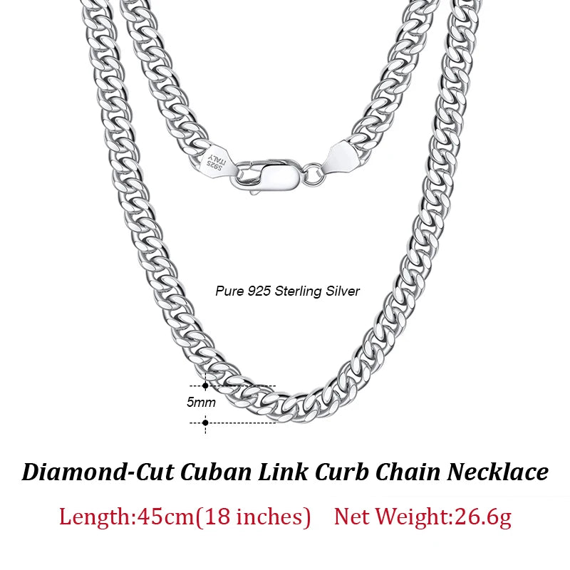 925 Sterling Silver Solid Diamond-Cut Cuban Chain 3.6/5/7mm Link Curb Chain Necklace