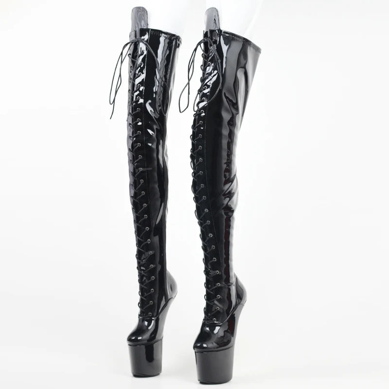 20CM High Heel Fetish heelless gothic lace-up platform hoof ballet patent boots EU36-46