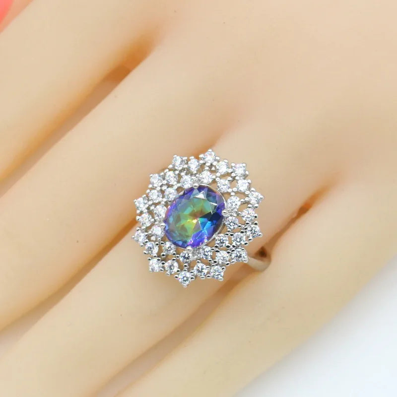 5 Colors Rainbow Stones Silver Color Jewelry Sets For Women
