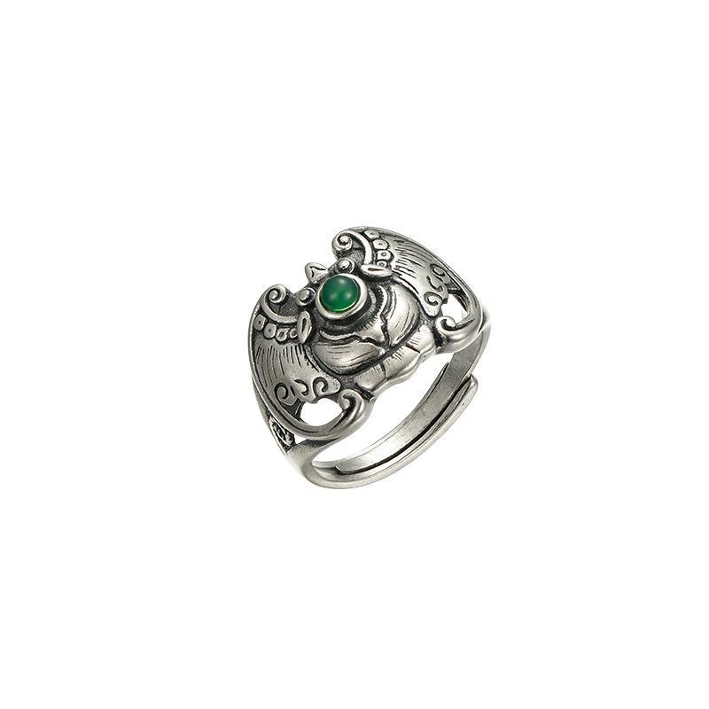 Natural Hetian Jasper Bat Thai Silver Tassel Opening Ring