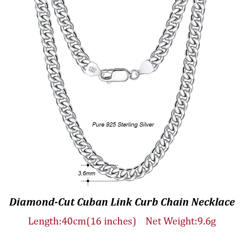 925 Sterling Silver Solid Diamond-Cut Cuban Chain 3.6/5/7mm Link Curb Chain Necklace